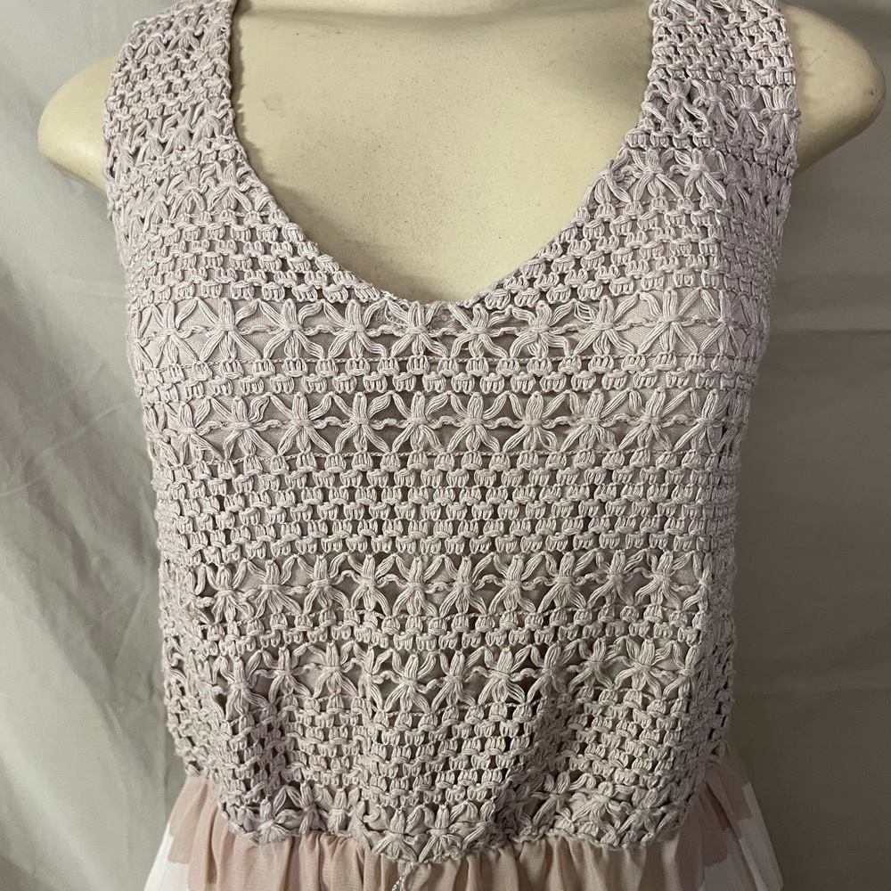 Luxology Crochet Bodice Maxi Dress in Blue, Cream and Tan Stripes